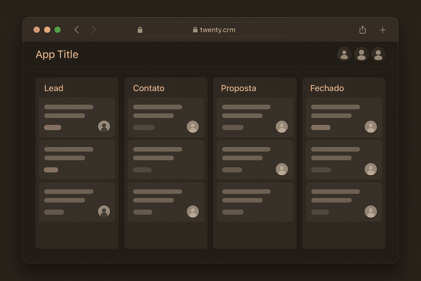 Mockup do CRM, kanban em tema escuro com colunas Lead, Contato, Proposta e Fechado