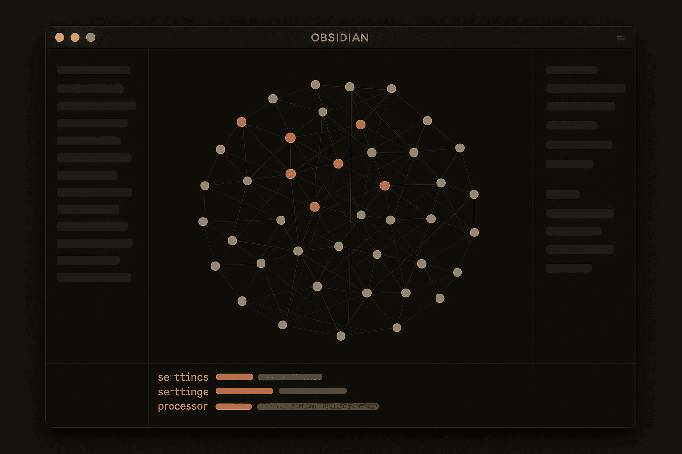 Mockup do Segundo Cérebro — Obsidian em tema escuro com grafo de notas conectadas e terminal Claude embaixo
