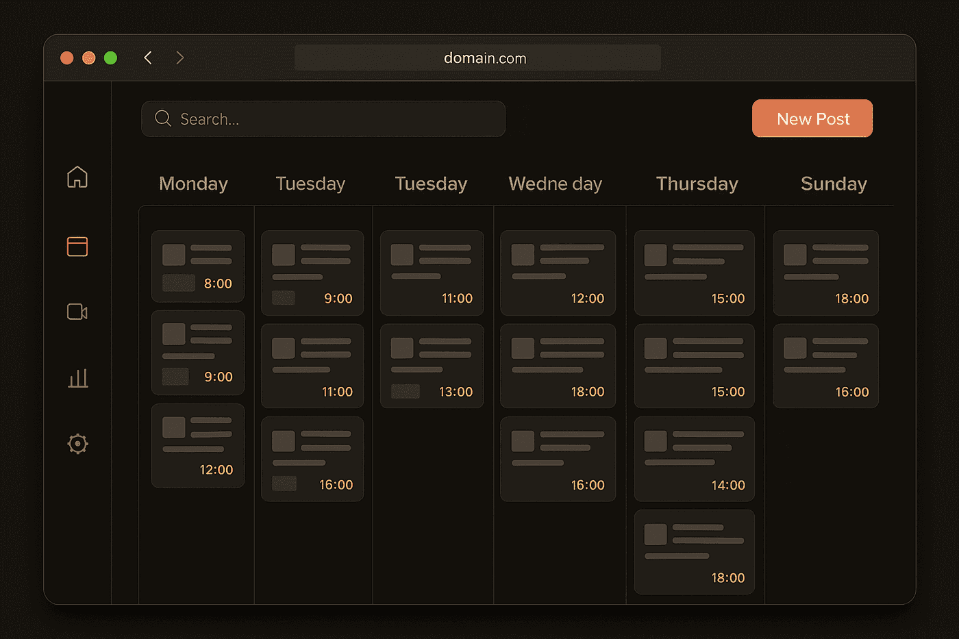 Mockup do Studio — calendário semanal de posts com sidebar de navegação e botão de novo post